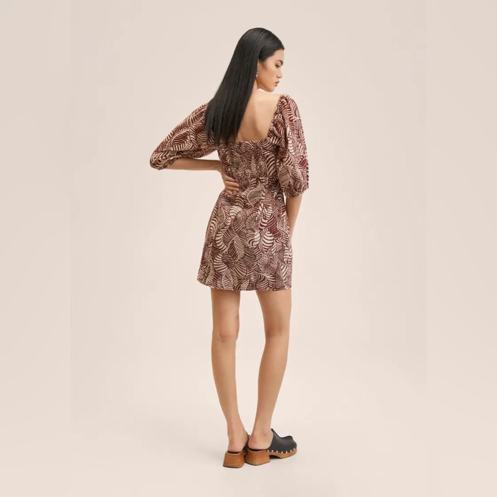 Mango Leaf-Print Mini Dress in Burgundy and Cream - Picture 5 of 11